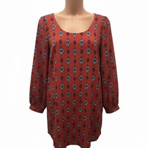 Boho Orange Red Geometric Womens Large Shift Dress Scoop Neck Long Sleeve USA‎